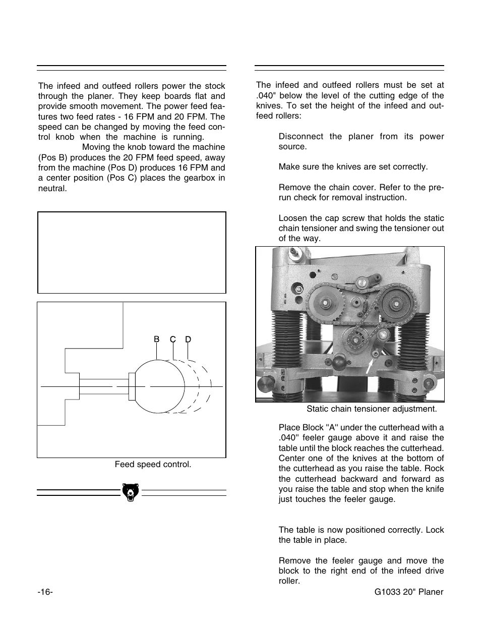Feed roller speed, Roller adjustment, Notice | Grizzly G1033 User Manual | Page 18 / 42
