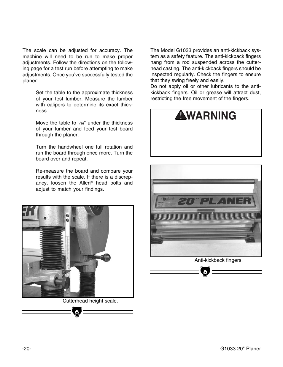 Scale adjustment, Anti-kickback fingers | Grizzly G1033 User Manual | Page 22 / 42