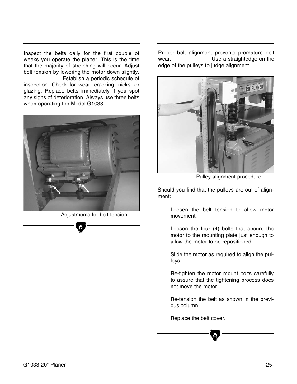 Belt tension, Belt alignment | Grizzly G1033 User Manual | Page 27 / 42