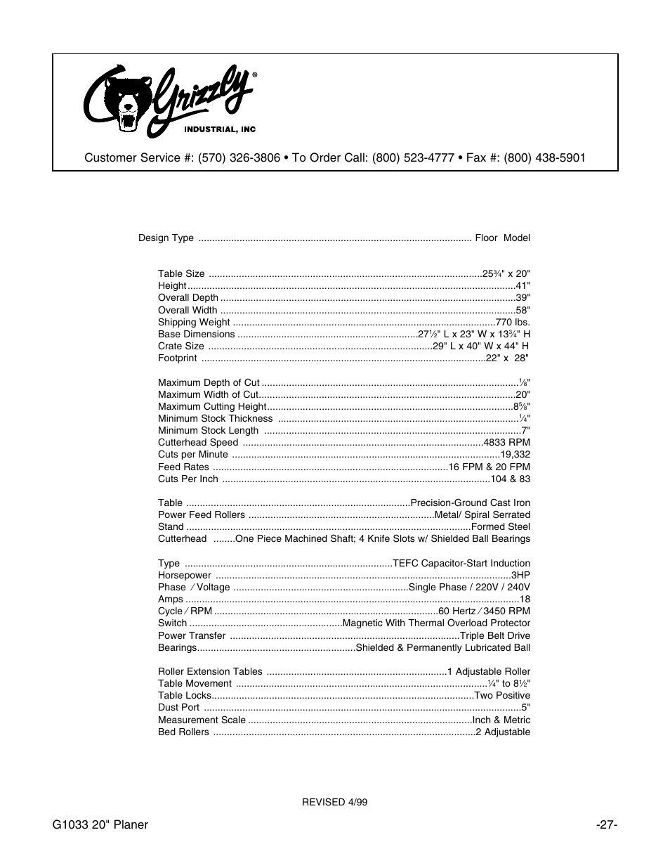 Machine data sheet | Grizzly G1033 User Manual | Page 29 / 42