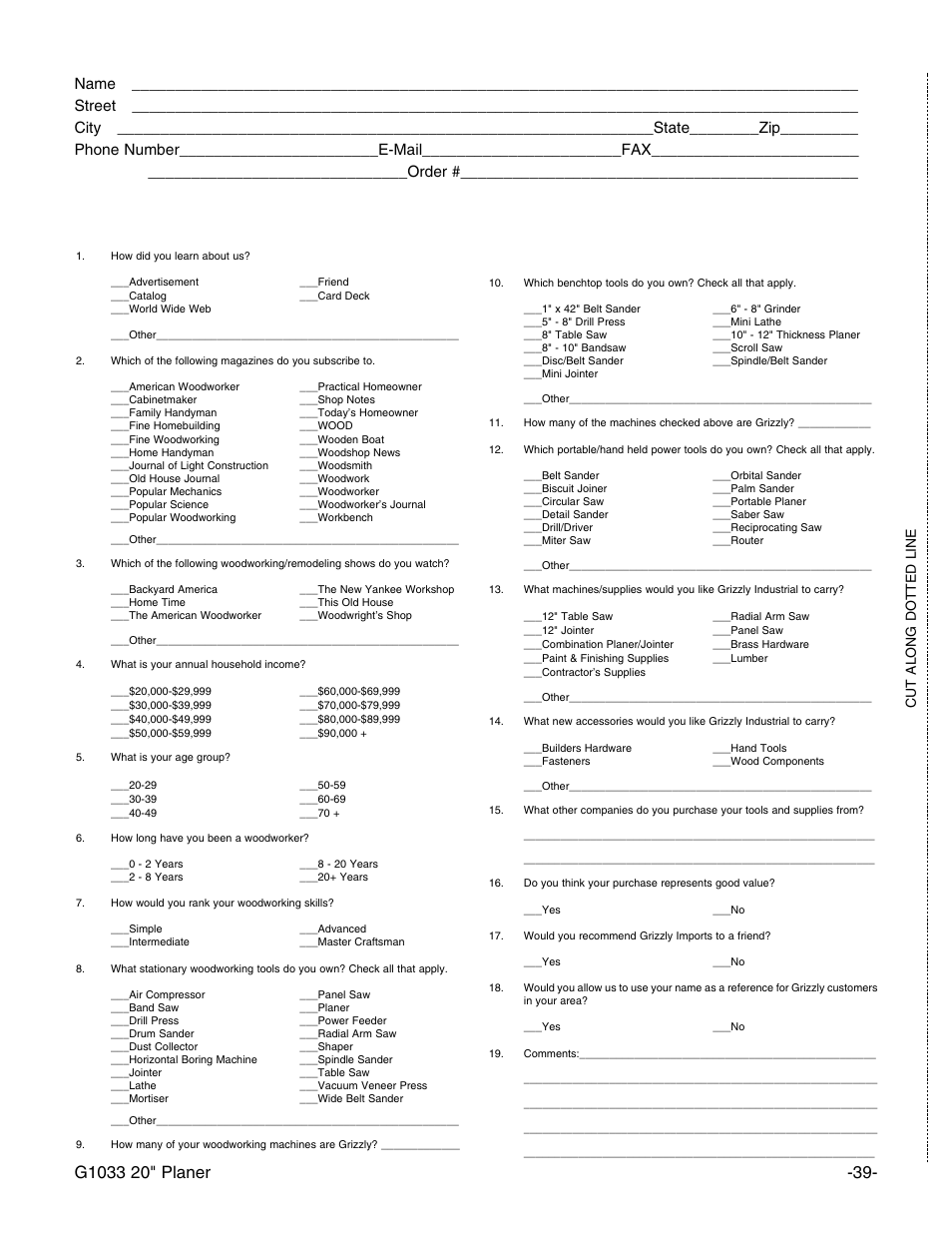 Warranty card, Cut along dotted line | Grizzly G1033 User Manual | Page 41 / 42