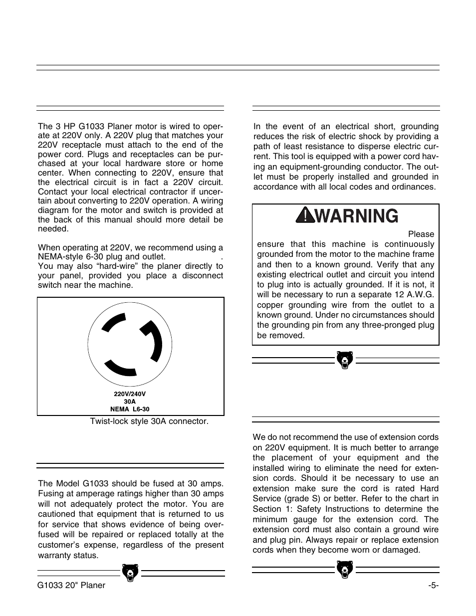 220v operation, Fusing, Extension cords grounding | Grizzly G1033 User Manual | Page 7 / 42