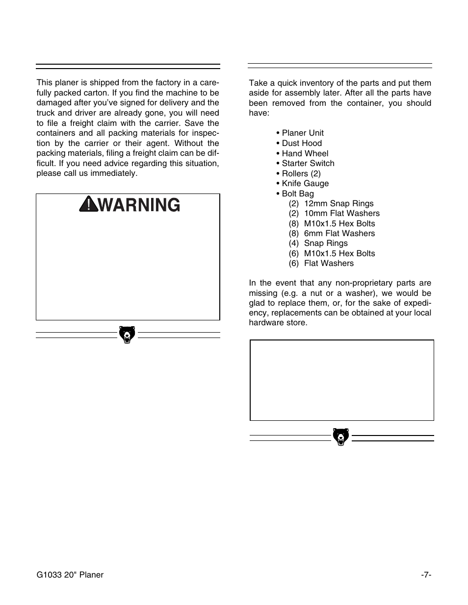 Unpacking, Parts inventory, Notice | Grizzly G1033 User Manual | Page 9 / 42