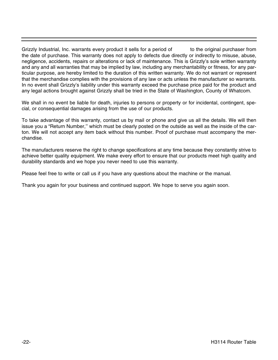 Warranty and returns | Grizzly H3114 User Manual | Page 24 / 28