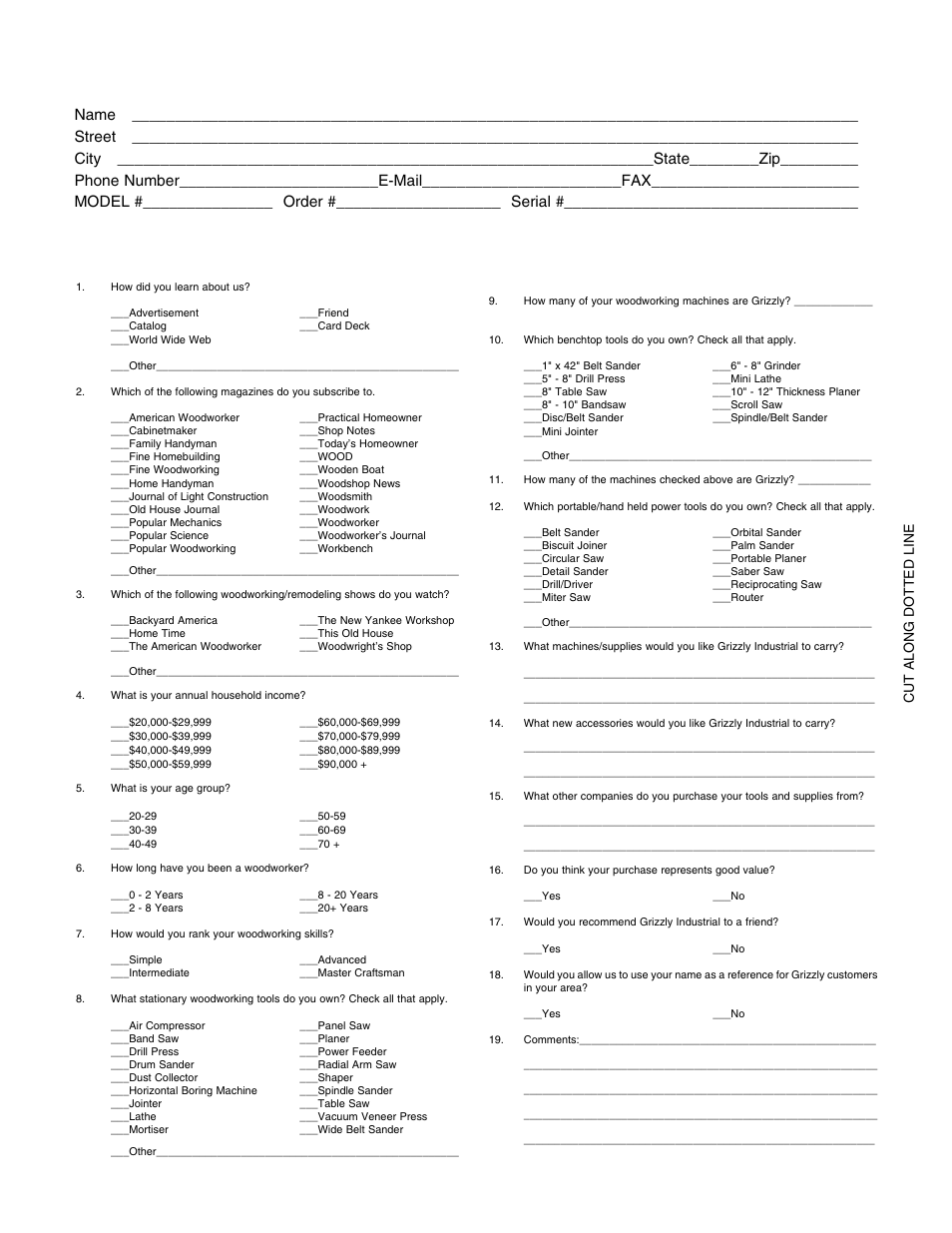 Warranty card, Cut along dotted line | Grizzly H3114 User Manual | Page 25 / 28