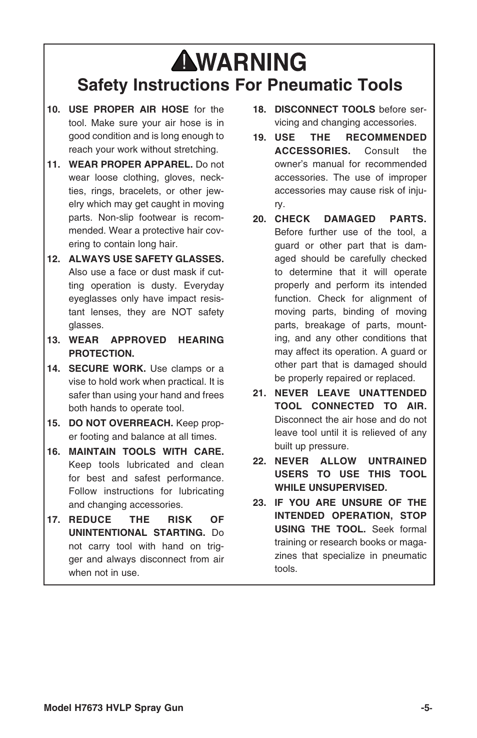 Safety instructions for pneumatic tools | Grizzly H7673 User Manual | Page 5 / 20
