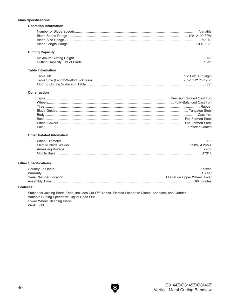 Grizzly G8146Z User Manual | Page 10 / 72