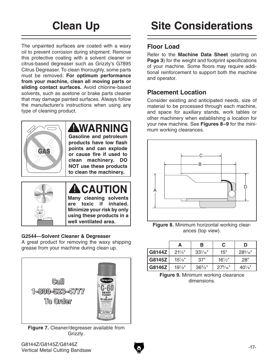 Clean up, Site considerations, Floor load | Placement location | Grizzly G8146Z User Manual | Page 19 / 72