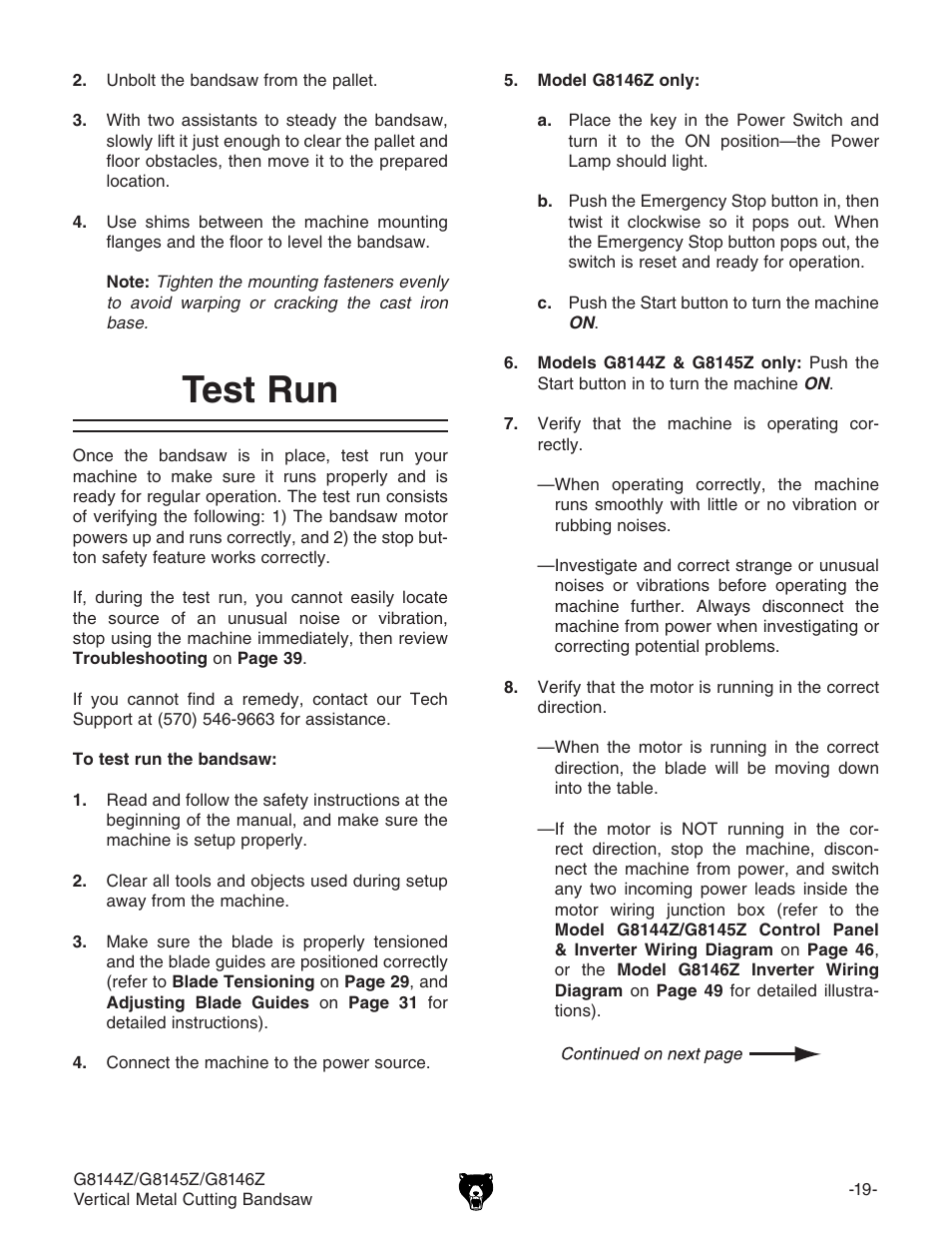 Test run | Grizzly G8146Z User Manual | Page 21 / 72