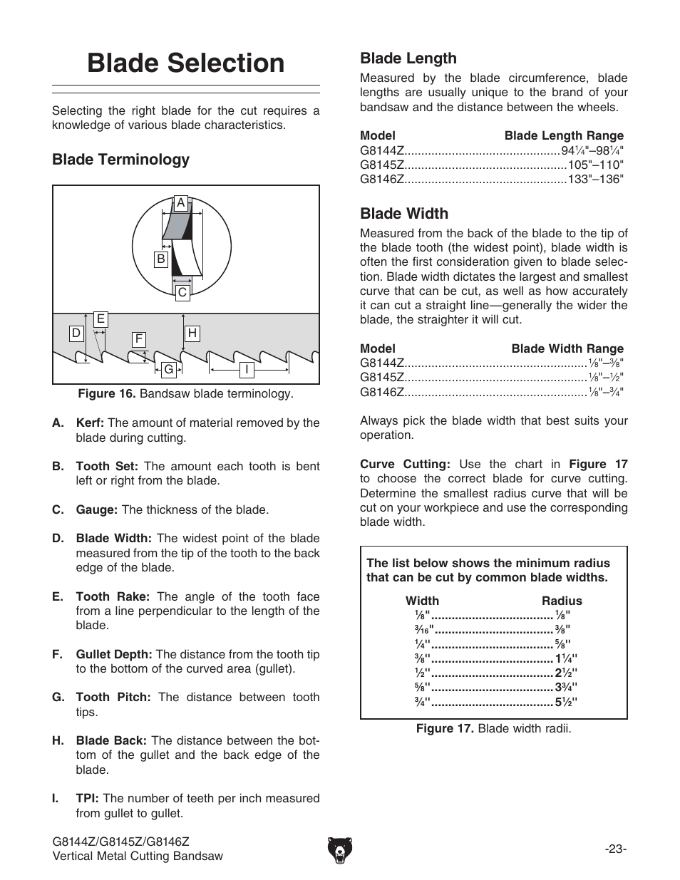 Blade selection, Blade terminology, Blade length | Blade width | Grizzly G8146Z User Manual | Page 25 / 72