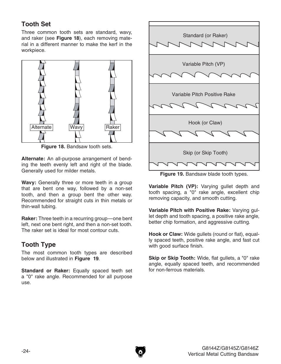 Tooth set, Tooth type | Grizzly G8146Z User Manual | Page 26 / 72