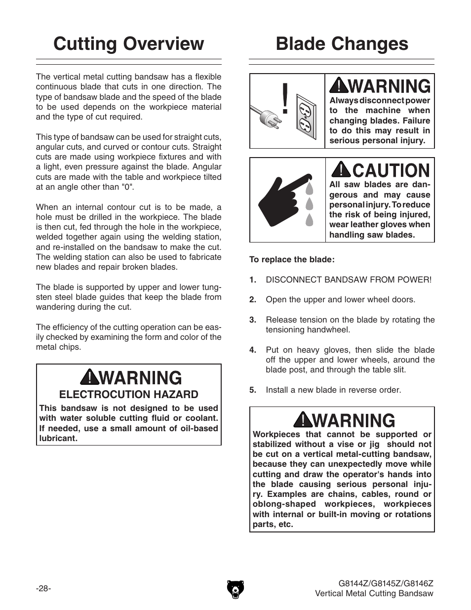 Cutting overview, Blade changes | Grizzly G8146Z User Manual | Page 30 / 72