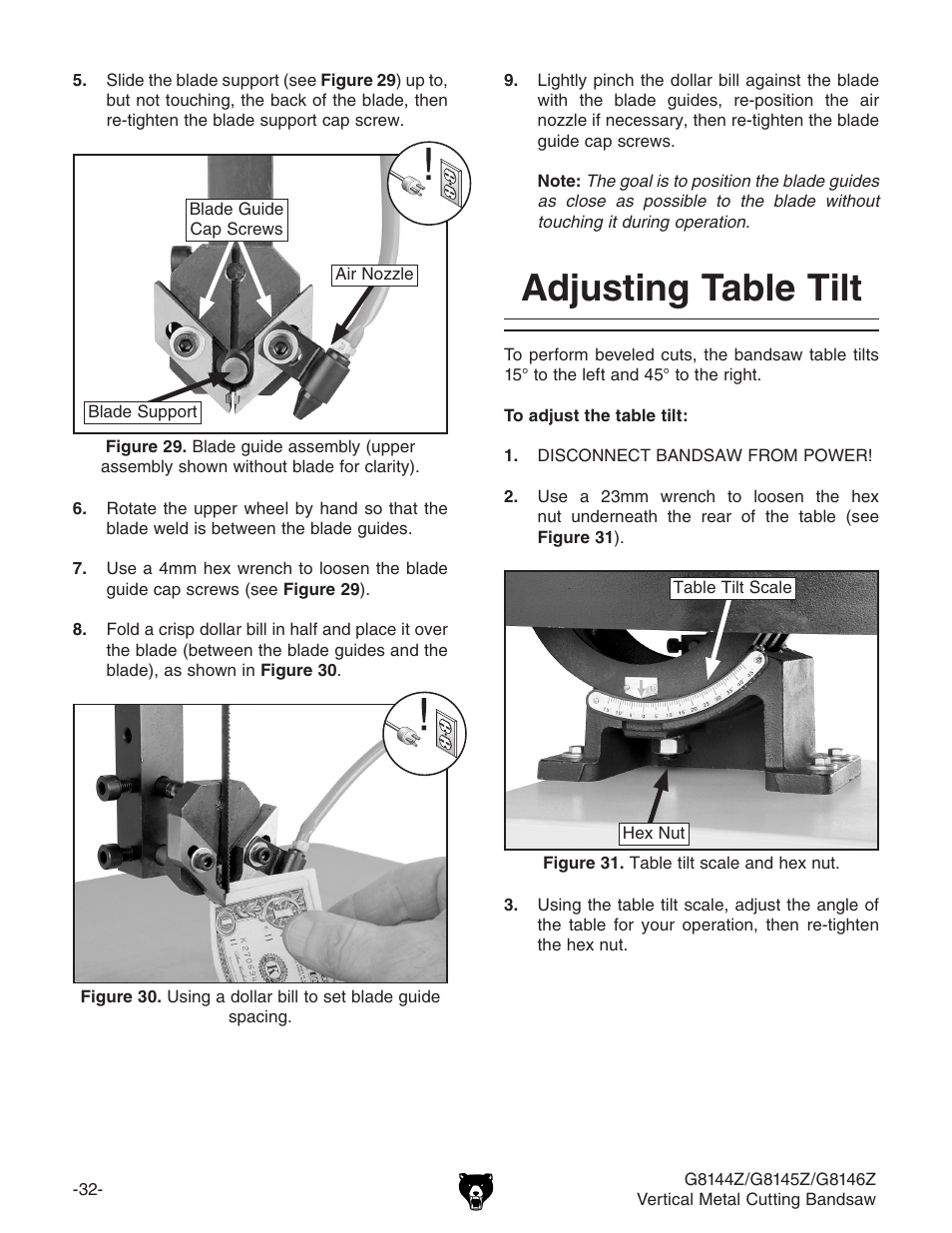 Adjusting table tilt | Grizzly G8146Z User Manual | Page 34 / 72