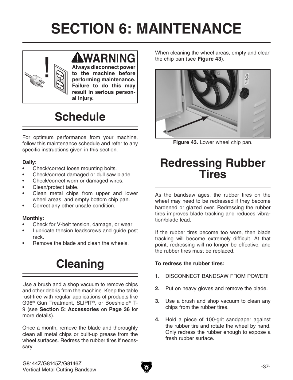 Schedule, Cleaning, Redressing rubber tires | Grizzly G8146Z User Manual | Page 39 / 72
