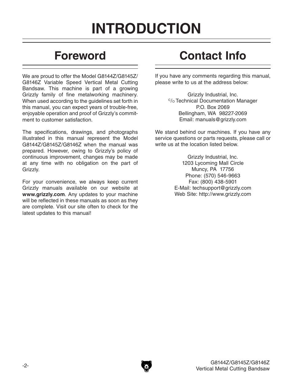 Introduction, Foreword, Contact info | Grizzly G8146Z User Manual | Page 4 / 72