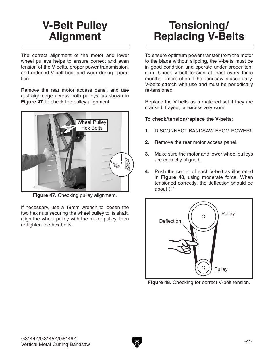 Tensioning/ replacing v-belts, V-belt pulley alignment | Grizzly G8146Z User Manual | Page 43 / 72