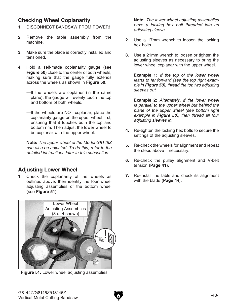 Checking wheel coplanarity, Adjusting lower wheel | Grizzly G8146Z User Manual | Page 45 / 72