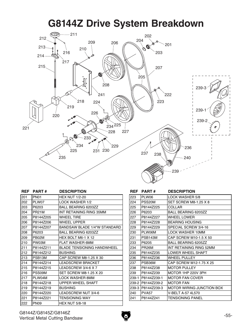 G8144z drive system breakdown | Grizzly G8146Z User Manual | Page 57 / 72