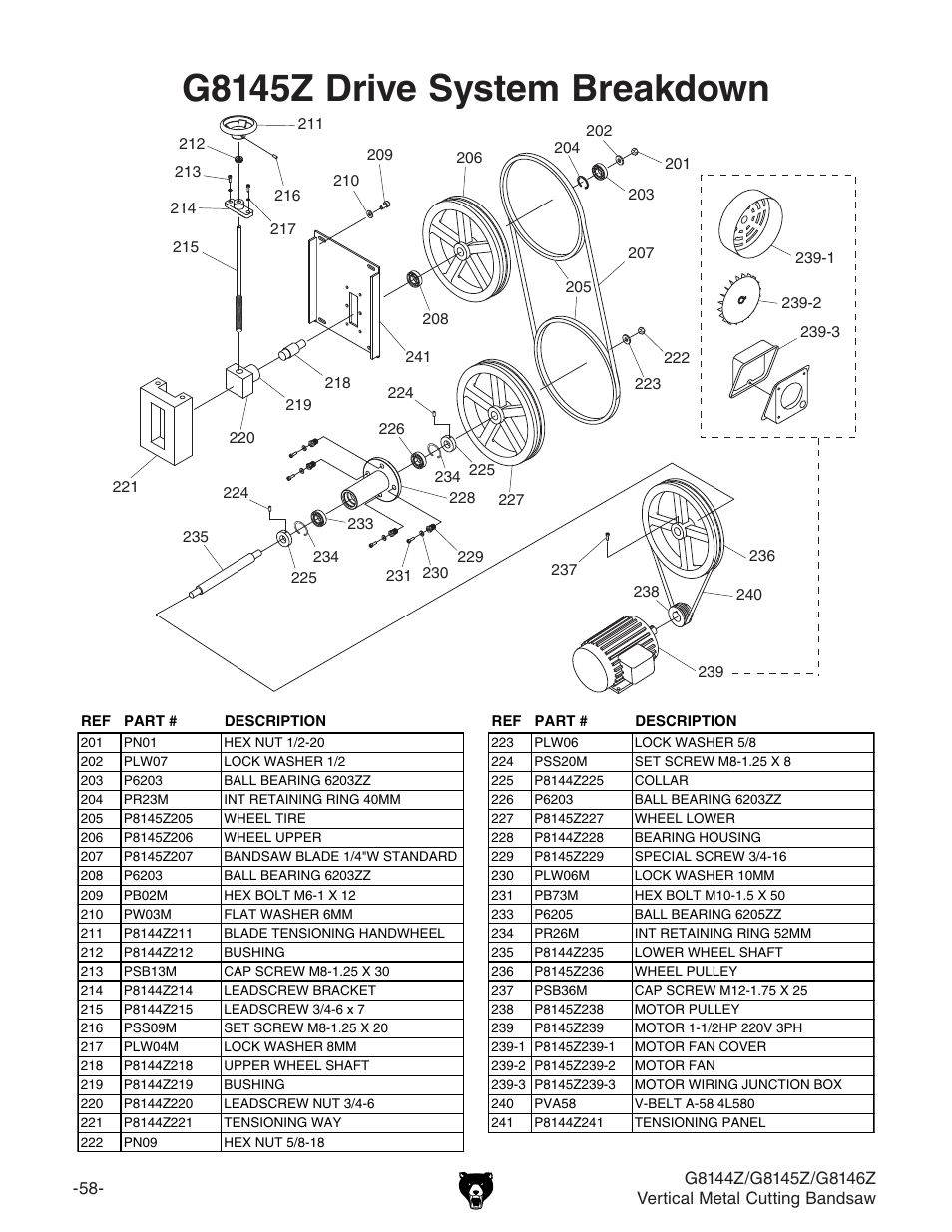 G8145z drive system breakdown | Grizzly G8146Z User Manual | Page 60 / 72