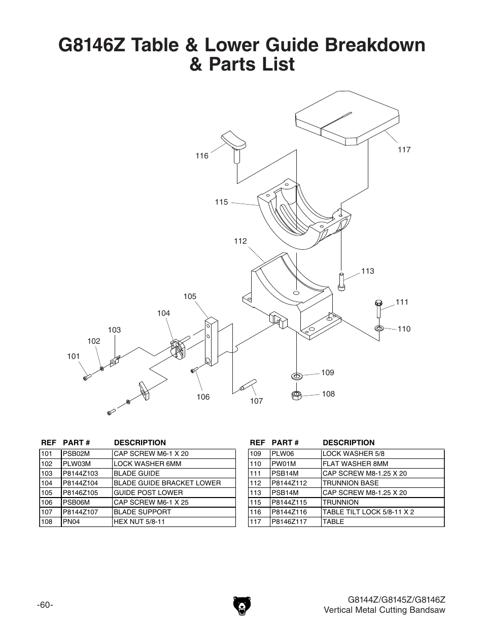 G8146z table & lower guide breakdown & parts list | Grizzly G8146Z User Manual | Page 62 / 72