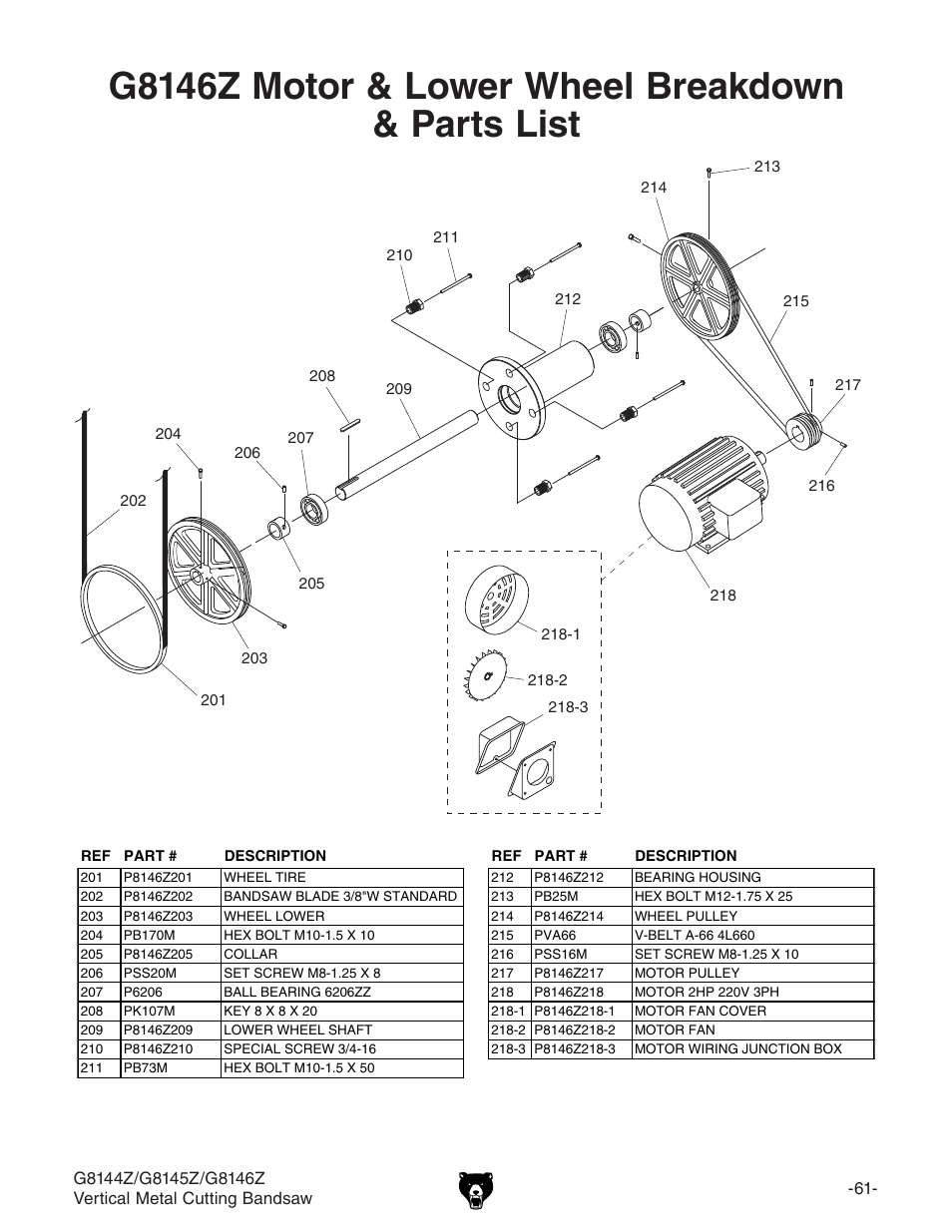 G8146z motor & lower wheel breakdown & parts list | Grizzly G8146Z User Manual | Page 63 / 72