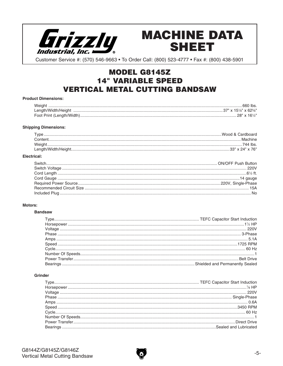 G8145z machine data sheet | Grizzly G8146Z User Manual | Page 7 / 72