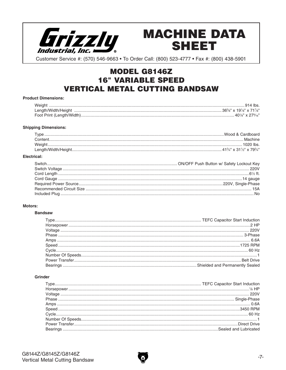G8146z machine data sheet, G8146z ds | Grizzly G8146Z User Manual | Page 9 / 72