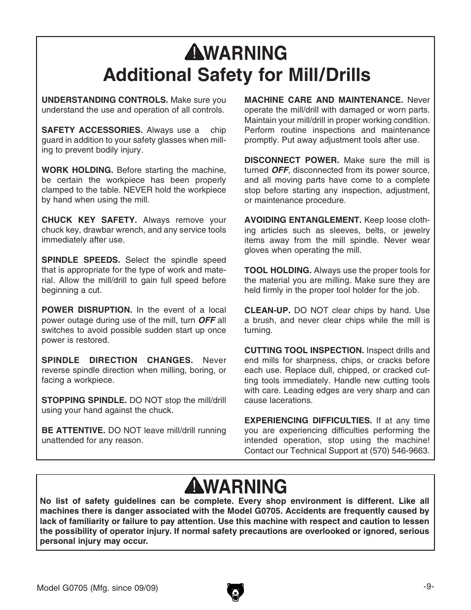 Additional safety for mill/drills | Grizzly G0705 User Manual | Page 11 / 60
