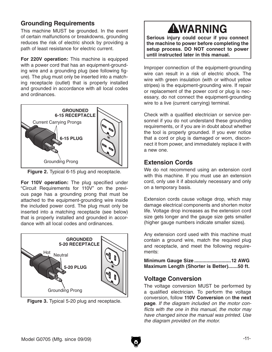 Extension cords, Grounding requirements, Voltage conversion | Grizzly G0705 User Manual | Page 13 / 60
