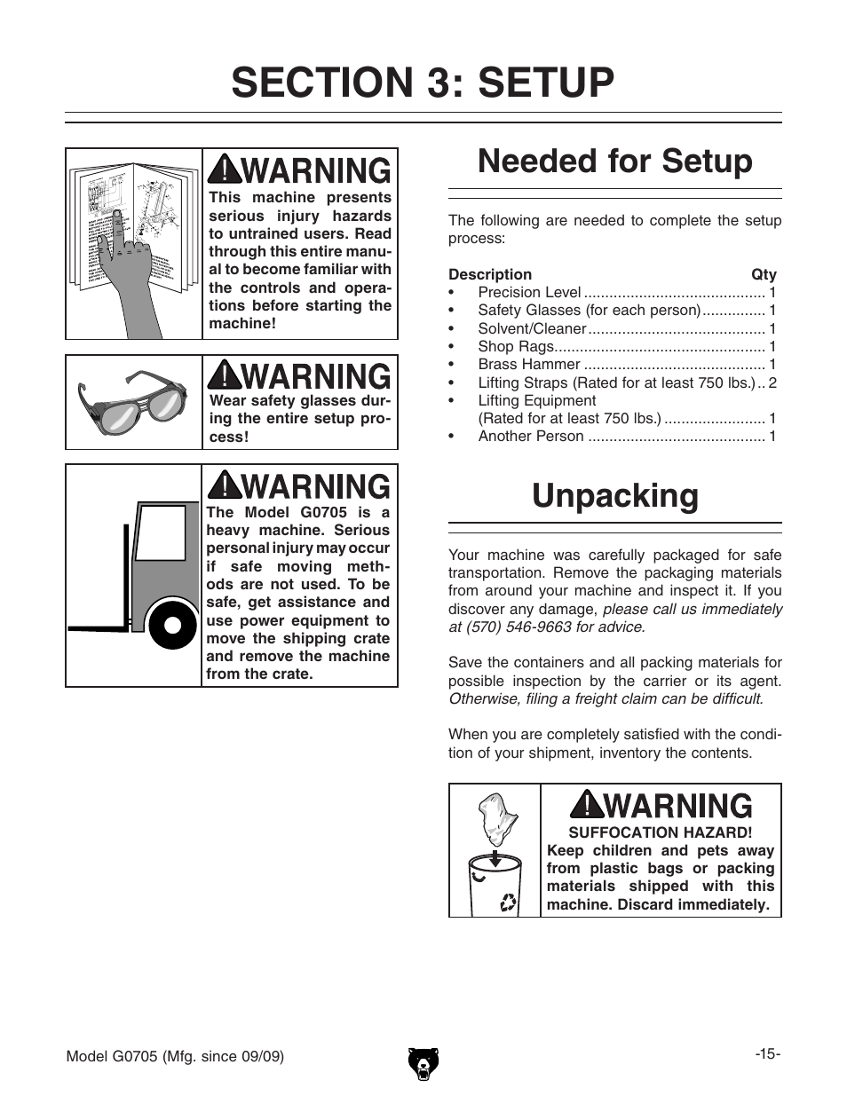 Needed for setup, Unpacking | Grizzly G0705 User Manual | Page 17 / 60