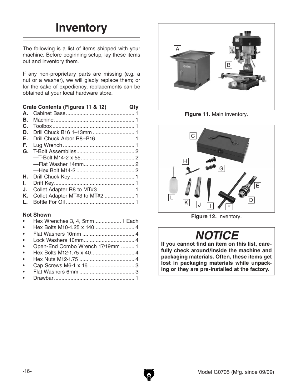 Inventory, Notice | Grizzly G0705 User Manual | Page 18 / 60
