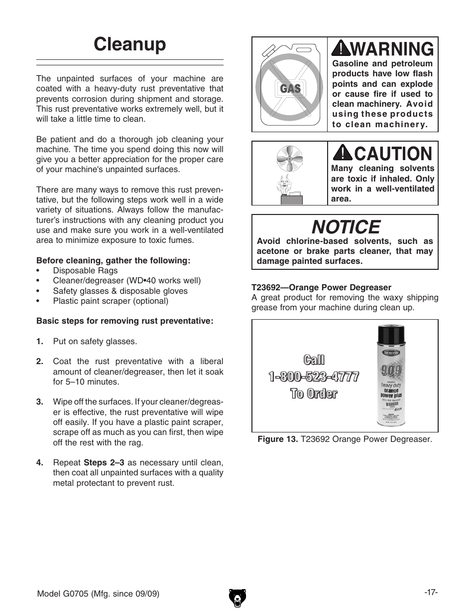 Notice, Cleanup | Grizzly G0705 User Manual | Page 19 / 60