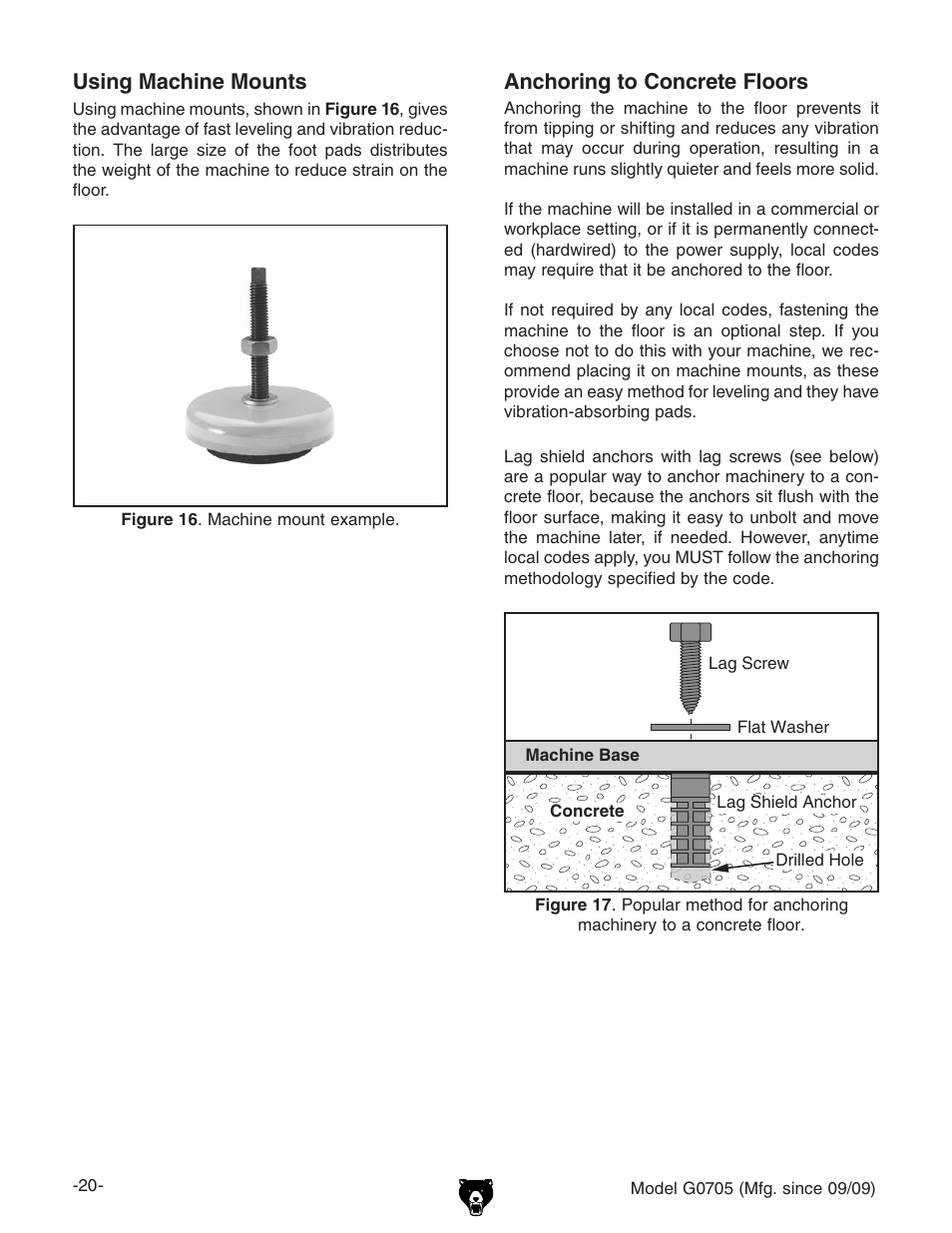 Using machine mounts, Anchoring to concrete floors | Grizzly G0705 User Manual | Page 22 / 60