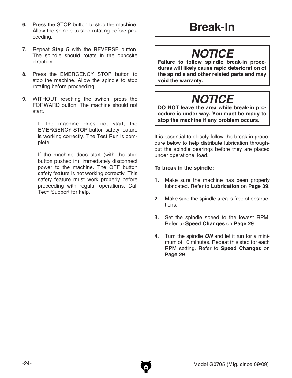 Break-in, Notice | Grizzly G0705 User Manual | Page 26 / 60