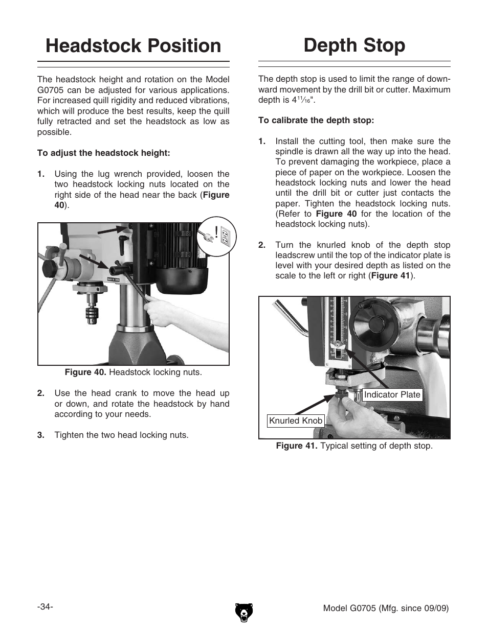 Depth stop headstock position | Grizzly G0705 User Manual | Page 36 / 60