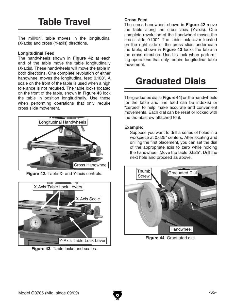 Table travel, Graduated dials | Grizzly G0705 User Manual | Page 37 / 60