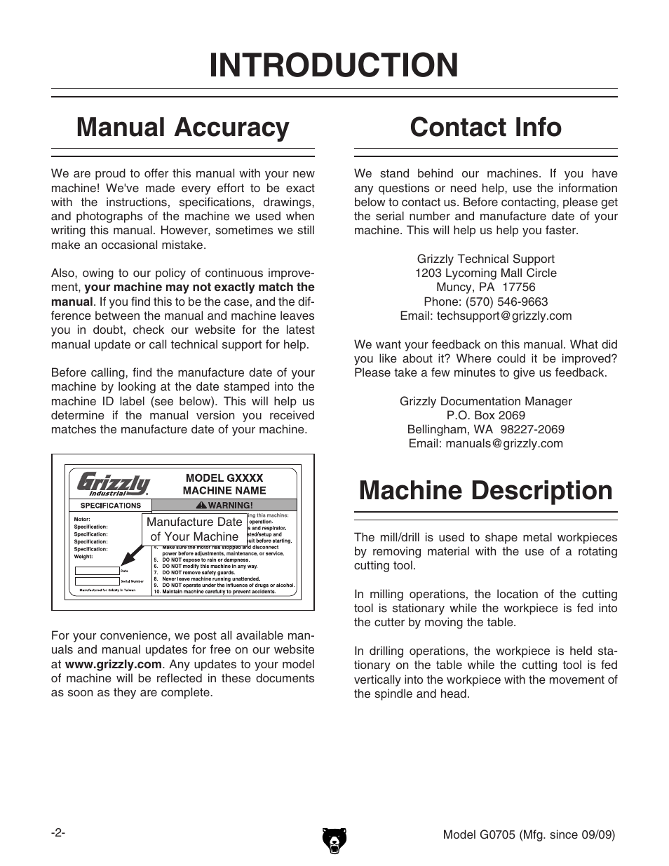 Introduction, Machine description, Contact info | Manual accuracy | Grizzly G0705 User Manual | Page 4 / 60