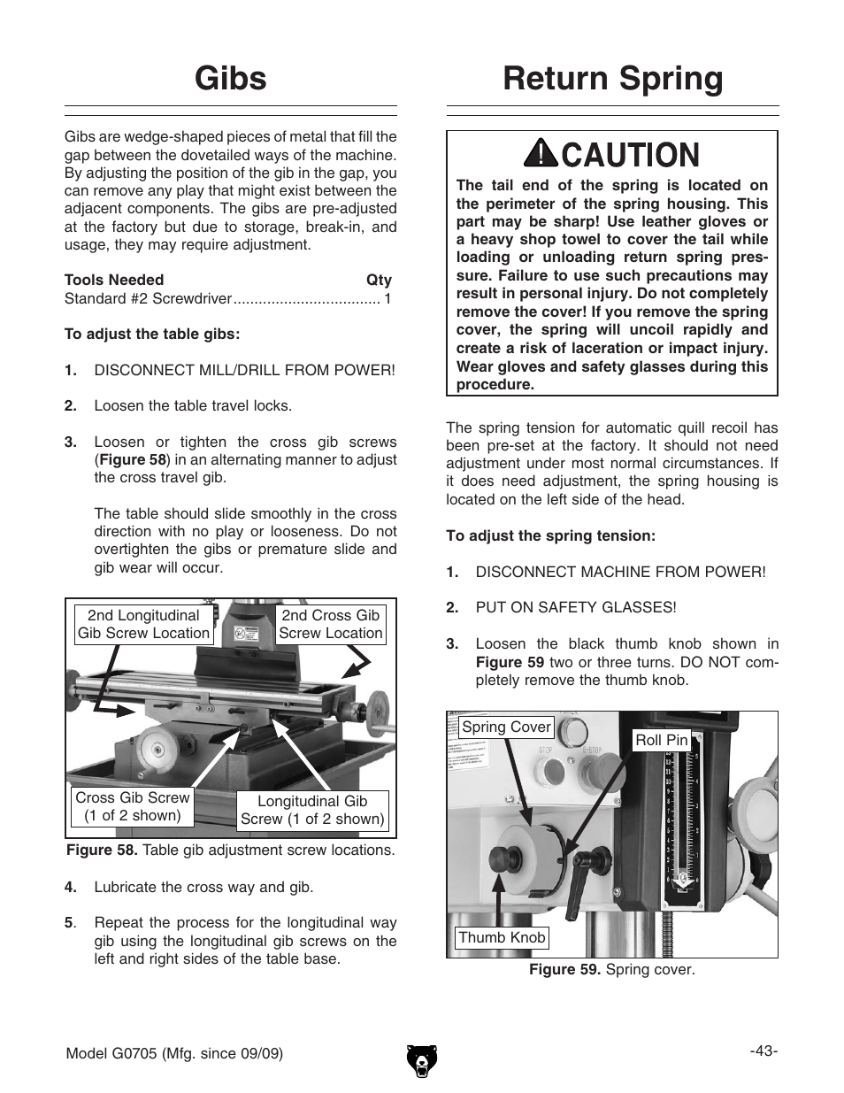 Gibs, Return spring | Grizzly G0705 User Manual | Page 45 / 60