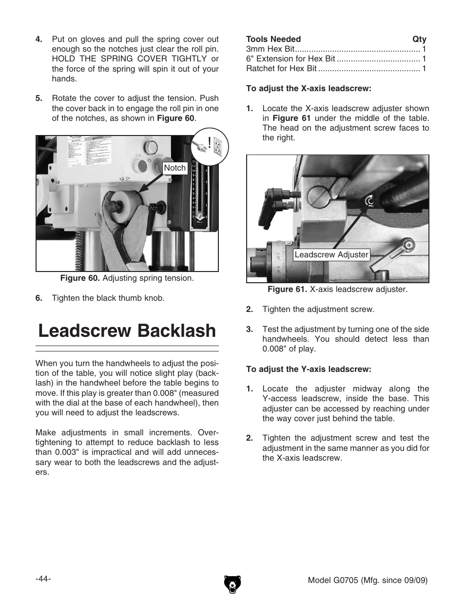Leadscrew backlash | Grizzly G0705 User Manual | Page 46 / 60