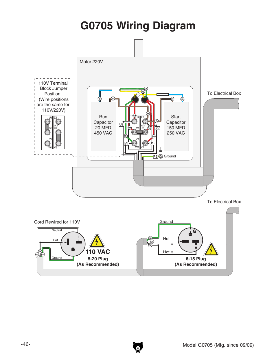 G0705 wiring diagram, 110 vac | Grizzly G0705 User Manual | Page 48 / 60