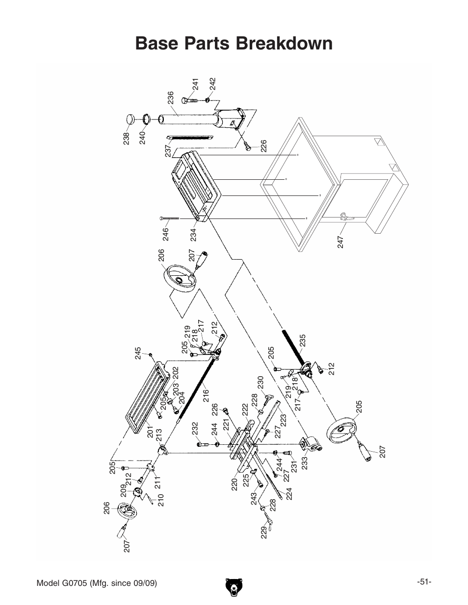 Base parts breakdown | Grizzly G0705 User Manual | Page 53 / 60