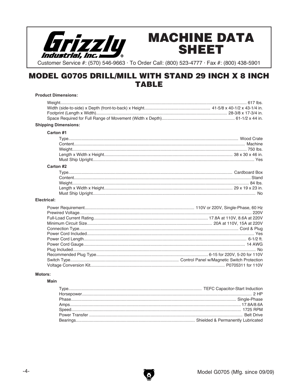 Machine data sheet | Grizzly G0705 User Manual | Page 6 / 60
