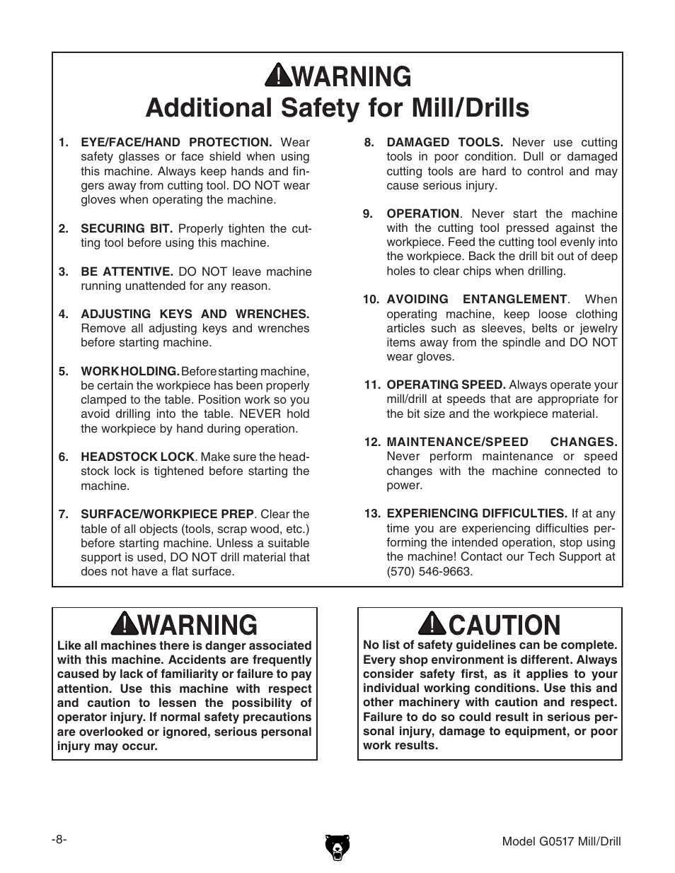 Additional safety for mill/drills | Grizzly G0517g User Manual | Page 10 / 40