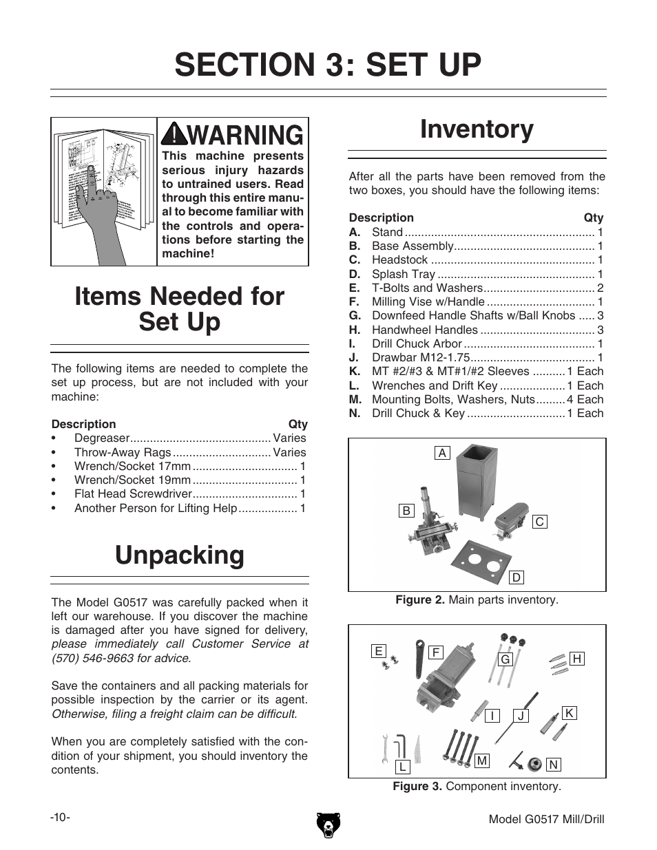 Unpacking, Items needed for set up, Inventory | Grizzly G0517g User Manual | Page 12 / 40
