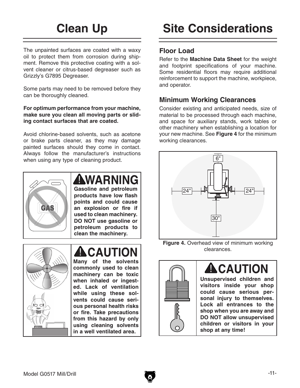Clean up, Site considerations | Grizzly G0517g User Manual | Page 13 / 40