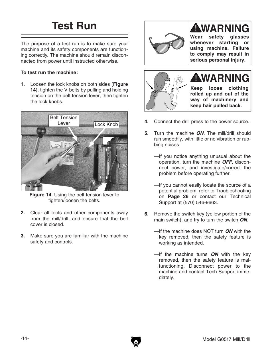 Test run | Grizzly G0517g User Manual | Page 16 / 40