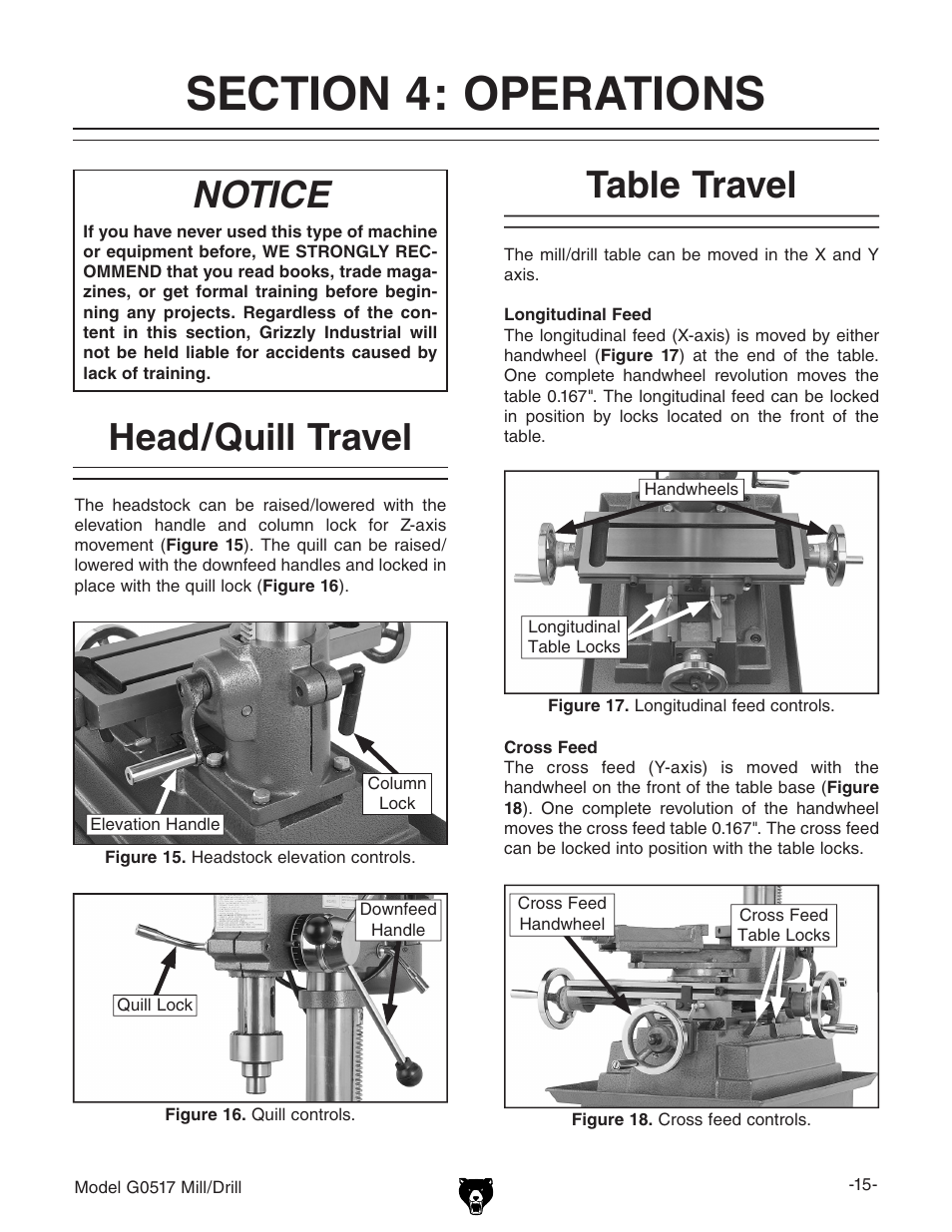 Notice, Head/quill travel, Table travel | Grizzly G0517g User Manual | Page 17 / 40