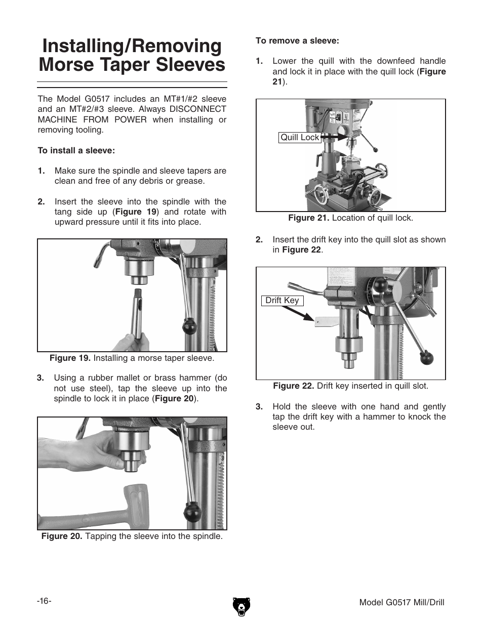 Installing/removing morse taper sleeves | Grizzly G0517g User Manual | Page 18 / 40