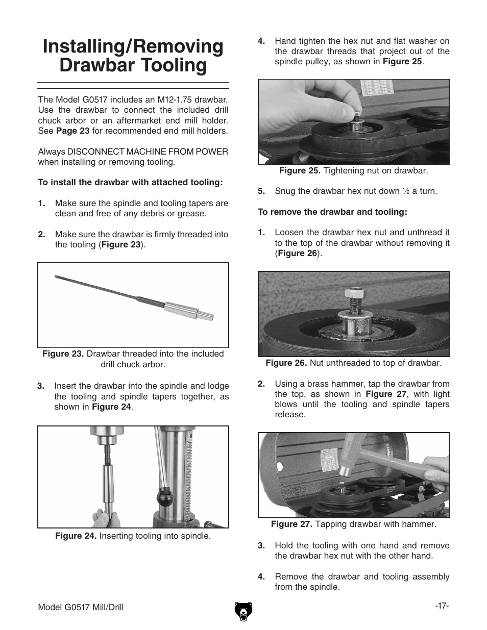 Installing/removing drawbar tooling | Grizzly G0517g User Manual | Page 19 / 40