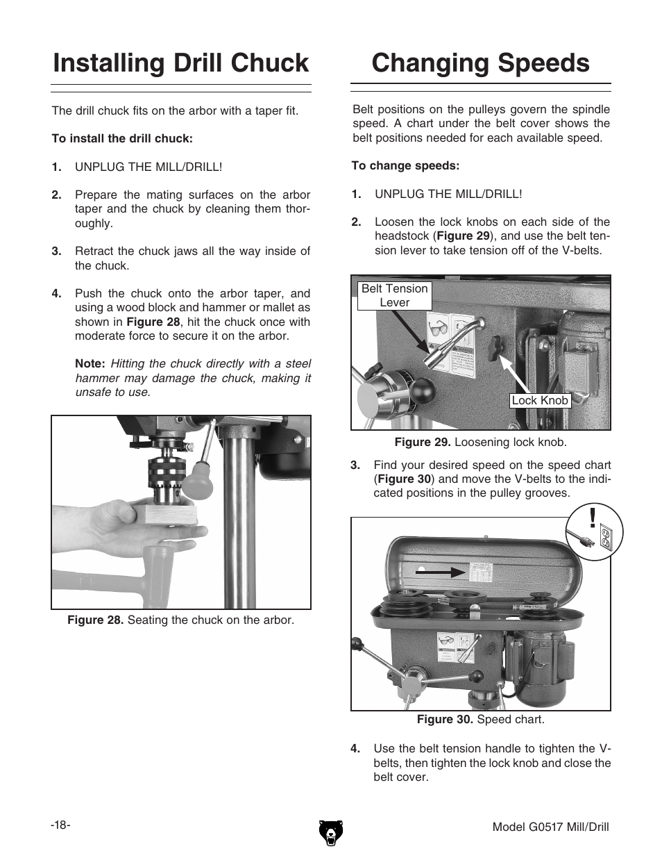 Changing speeds, Installing drill chuck | Grizzly G0517g User Manual | Page 20 / 40